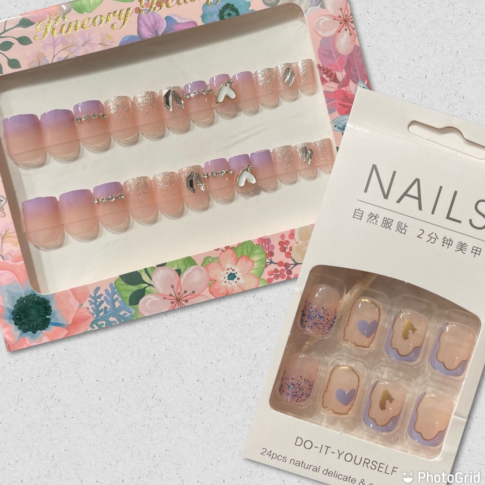 NEW Purple Glitter Gem Heart & Purple Heart Nails w/ Gold Nail Set Bundle